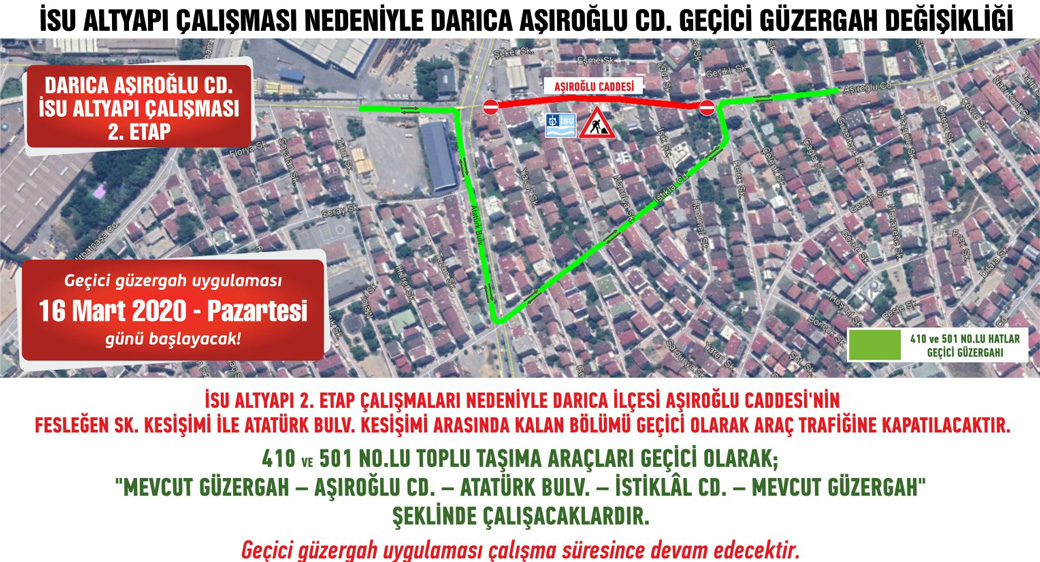 Darıca Aşıroğlu Caddesi'ne geçici trafik düzenlemesi